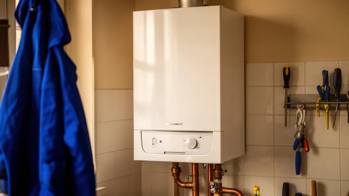 Witte gasgeiser aan de muur van een Vlaamse badkamer