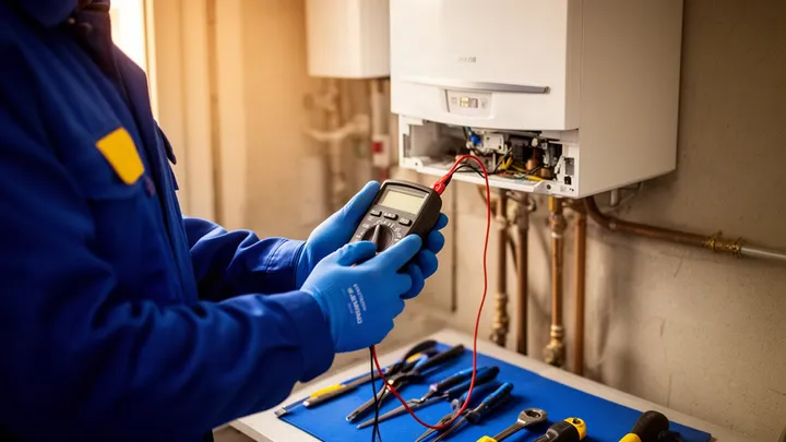 Technicus meet met een multimeter aan een witte gaswandketel