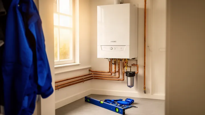 Nieuwe witte condensatieketel, net geplaatst met koperen leidingwerk